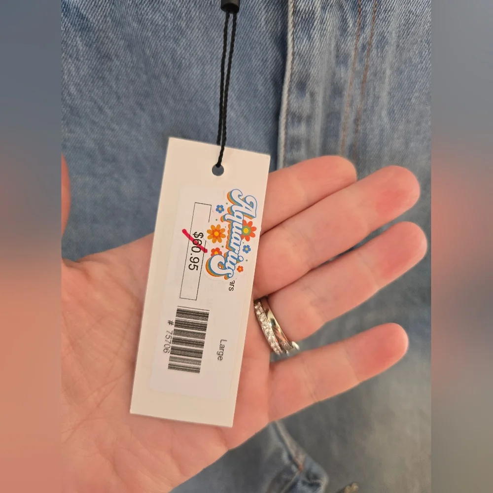 Why Dress NWT Embroidered Embellished Star Light Blue Denim Wide Leg Jeans Large - Picture 8 of 10